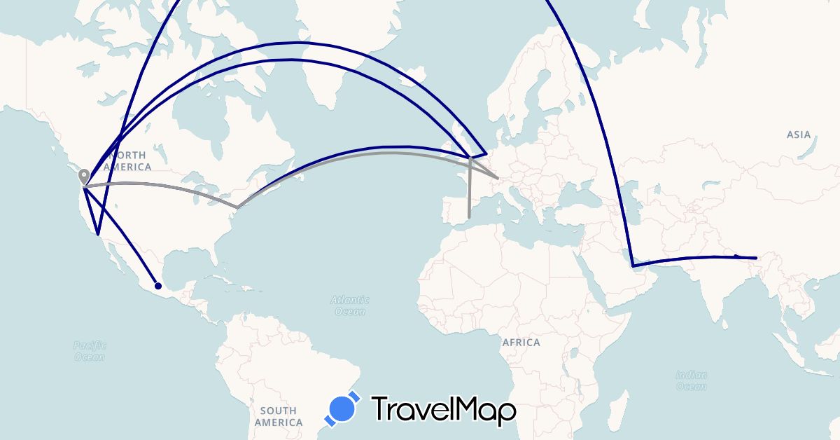 TravelMap itinerary: driving, plane in Bhutan, Switzerland, Spain, United Kingdom, Mexico, Netherlands, Nepal, Qatar, United States (Asia, Europe, North America)